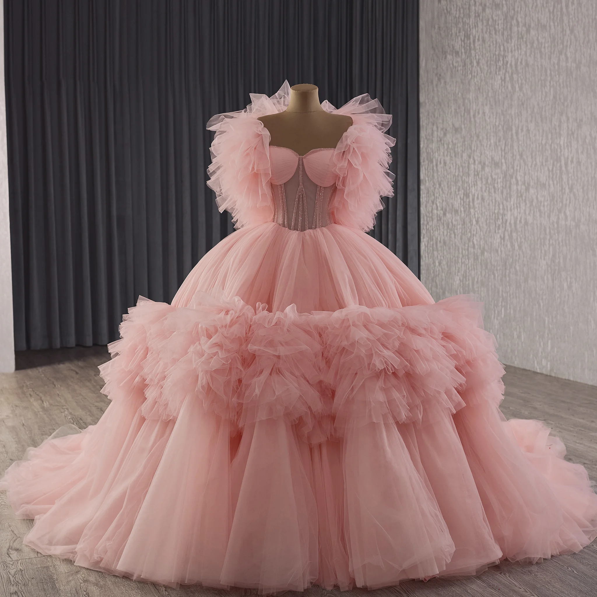 

Розовое румяно-розовое элегантное платье макси Quinceanera с силуэтом сердца, прозрачный лиф на шнуровке сзади, с рюшами и деталями, бальное платье