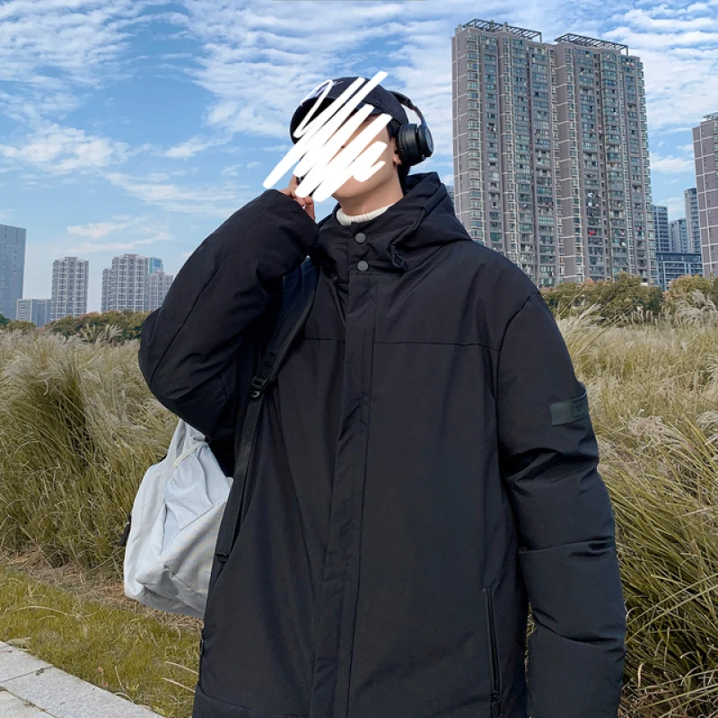 Heren Winter Katoen Gevoerde Capuchon Lange Thicken Parka Warm Effen Kleur Grote Maat Jassen Uitloper