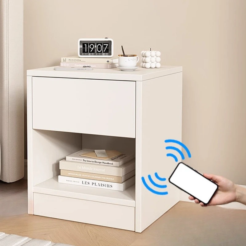 طاولة بجانب السرير خزانة داكنة إسكندنافية من الخشب الصلب مضادة للسرقة وخزانة مخفية متعددة الوظائف وأثاث منزلي لغرفة النوم باللون الأبيض الدافئ #1