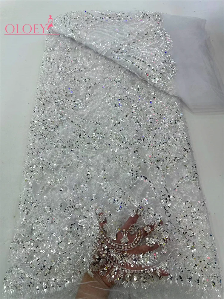 

OLOEY Fashion French Mesh Beads Embroidery Sequins Lace Fabric African Nigerian Groom Lace Fabric For Wedding Dress Women