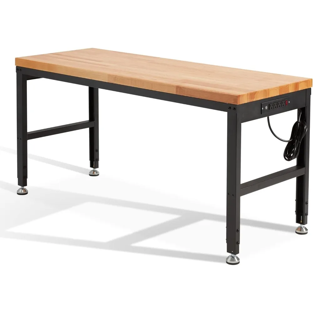 

60" Workbench Adjustable Height, Solid Wood Work Table with Power Outlets, Max 2000 LBS, Heavy Duty Workstation for Garage