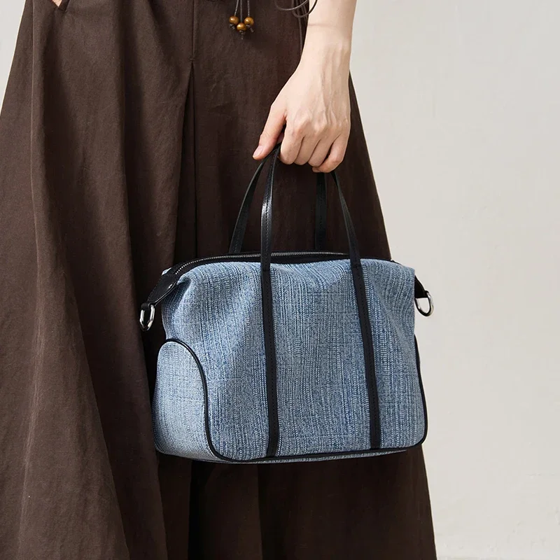 Canvas & Genuine Leather Tote Bag for Women Luxury Designer large Two-Tone Fabric & Leather Top Handle Crossbody Shoulder Bag