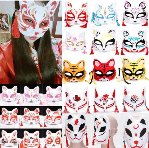 Foxes Mask Japanese Cosplay Rave Hand-Painted Anime Demon Slayer Half Face Cat Masks Masquerade Festival Party Cosplay Props