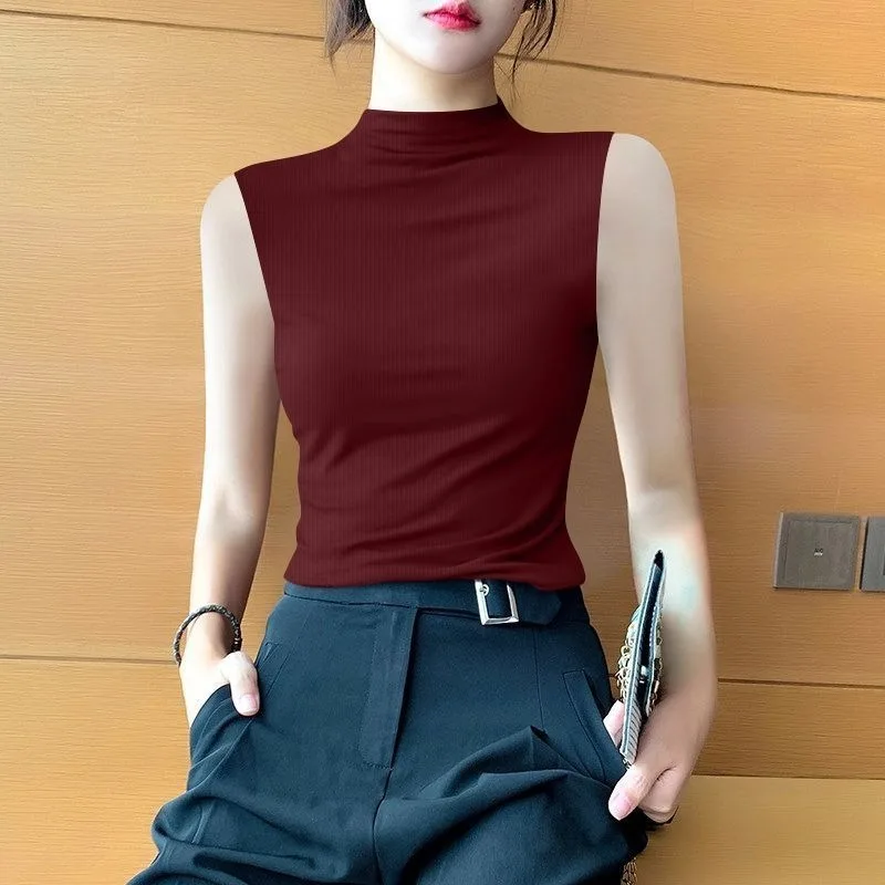 Women's Semi High Neck Sleeveless Vest Solid Color Thread Summer Cool Top Basic Top Base Shirt T-shirt Female Sexy  Tank Top