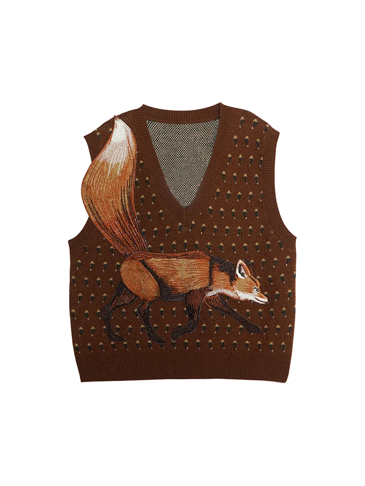 2023 Spring Women V Neck Fox Embroidery Knitted Vest