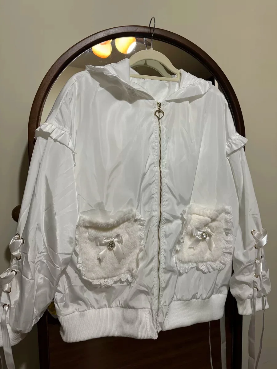 

Японский оригинальный стиль Харадзюку, массовое производство, шляпа с кроличьими ушками, солнцезащитная куртка Y2K, осенне-зимний женский топ с кружевным бантом и карманами