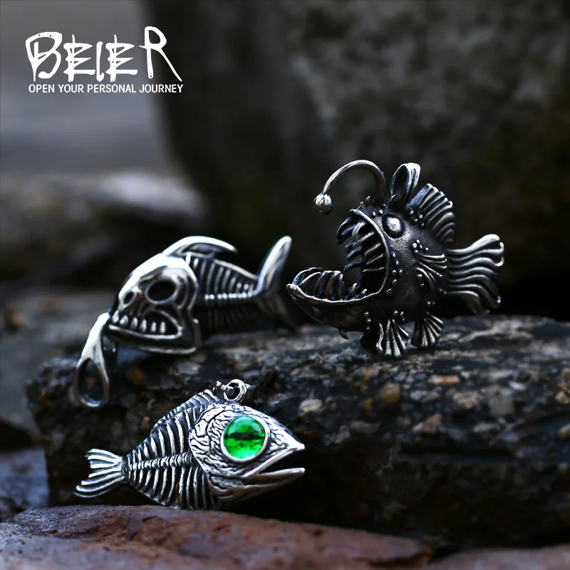 Beier Stainless Steel Lantern Fish Pendant Chain Necklace Steampunk Skeleton Ocean Fish Men Jewelry BP8-671