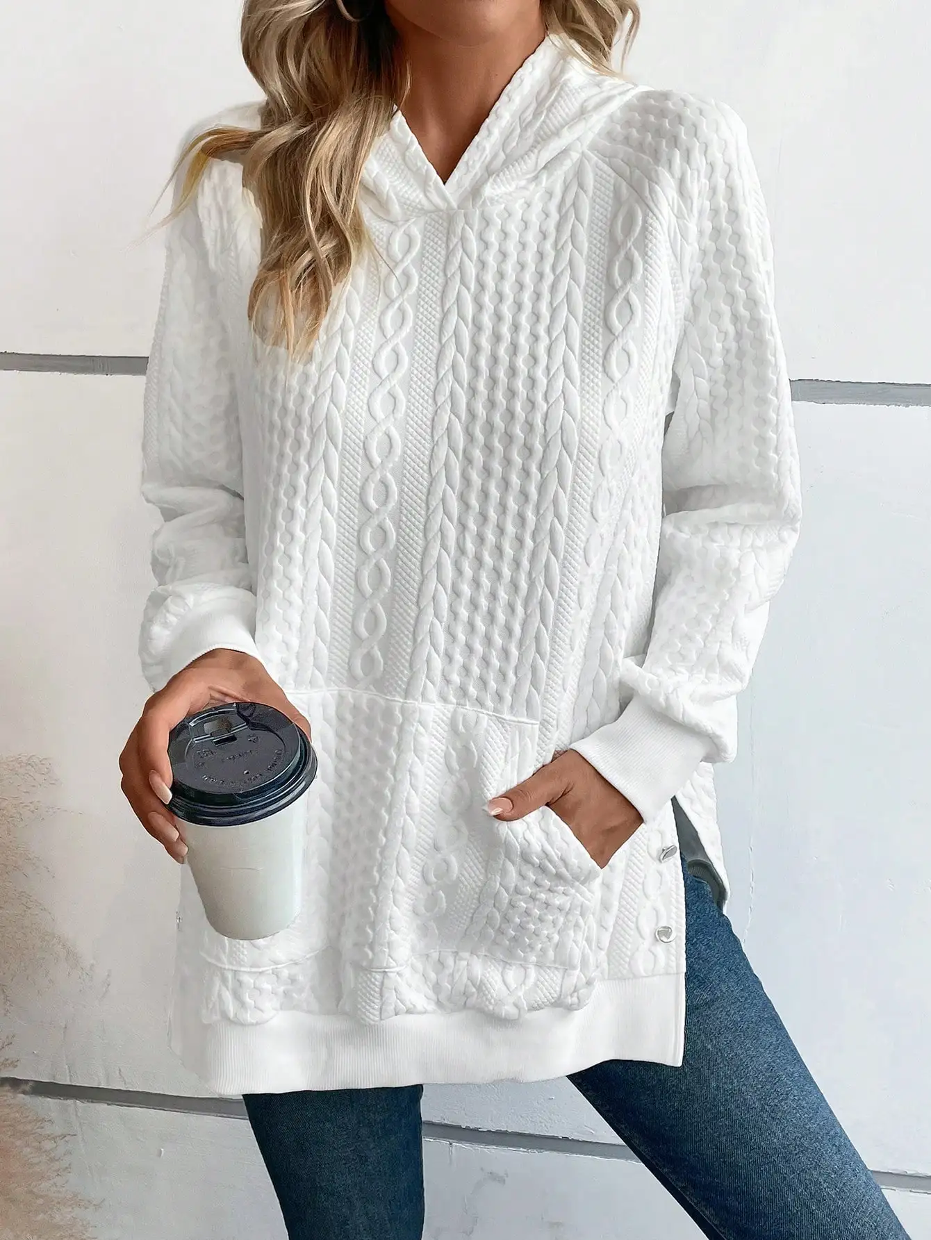 2024 New Solid Color Casual Versatile Slits on Both Sides White Sweatshirt for Women