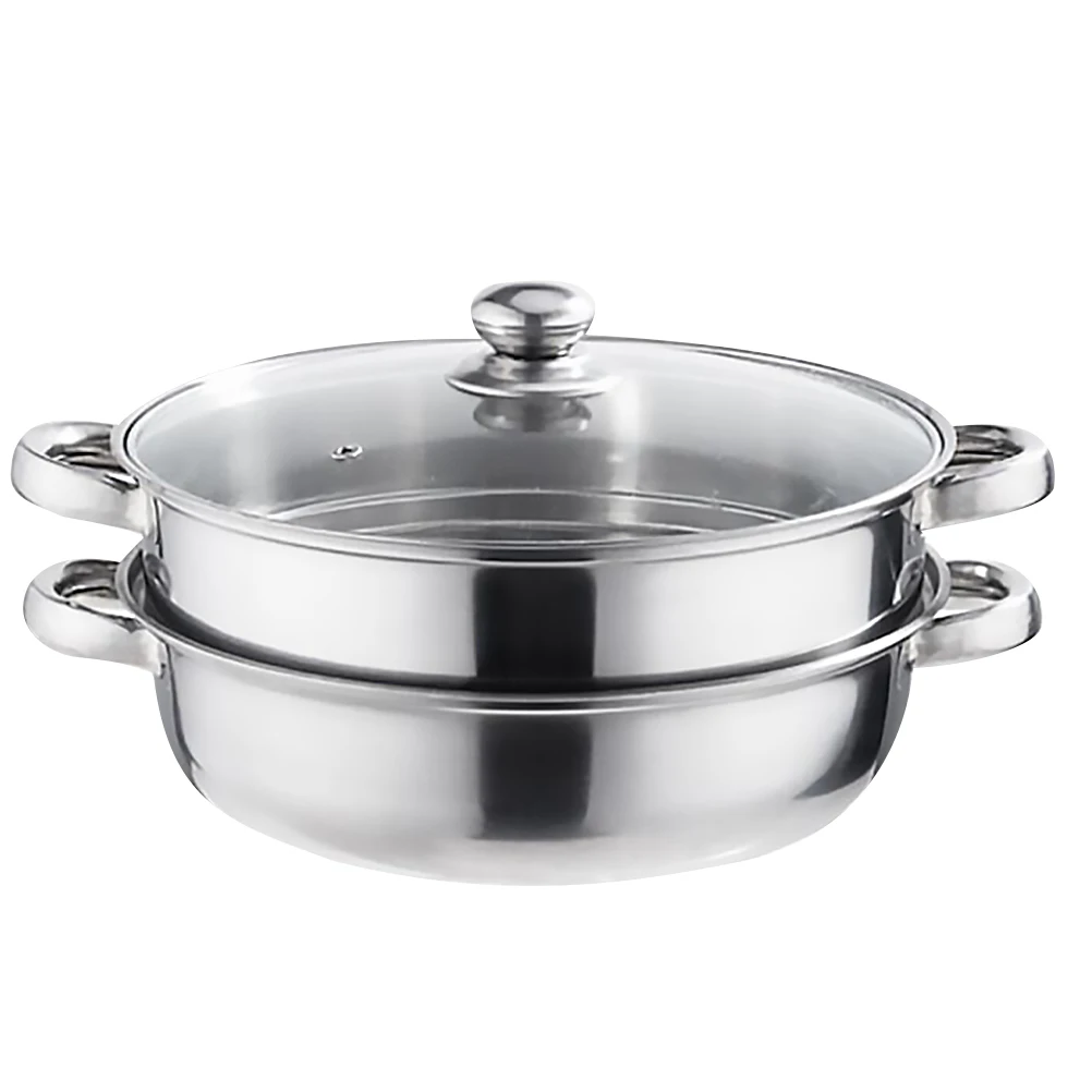 1Pc 28cm Multifunctional Steam Pot Double Layers Stockpot Stainless Steel Steamer Cooking Boiler Silver