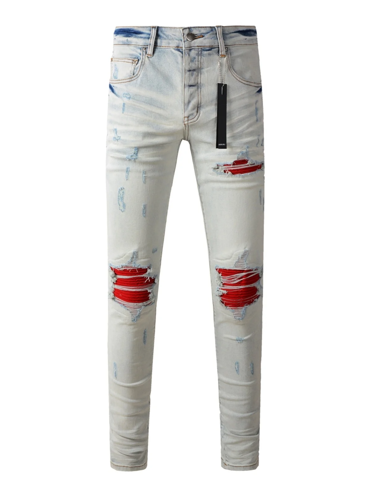 

Slim Fit Men's Jeans Guangzhou Luxury High Street American Trendy Brand New Light Waed Personalized Red Patch Cotton Stretc...