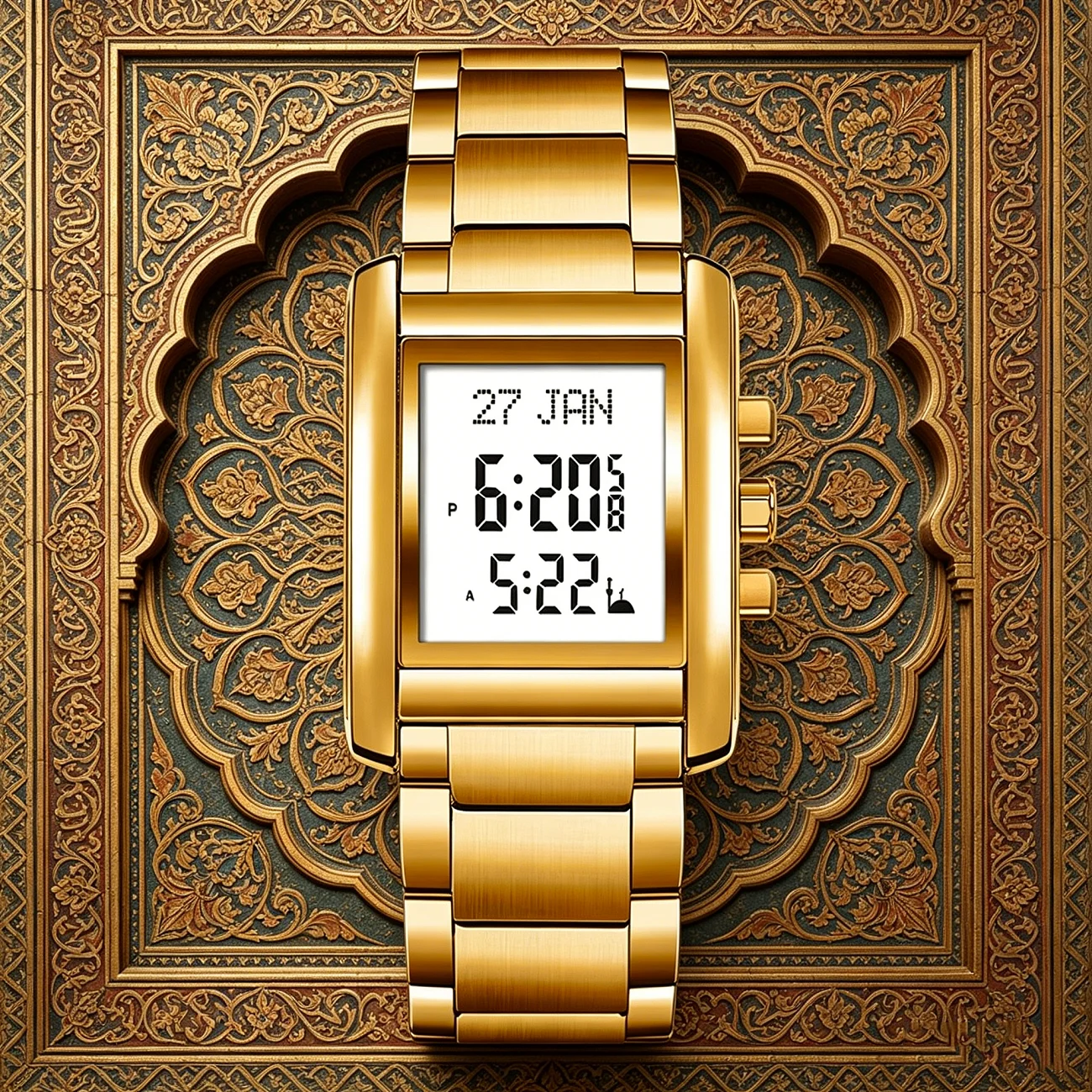 Azan Watch for Muslim Prayer with Qibla Compass Islam Al-Harameen Fajr Time Clock Include Hijri Calendar