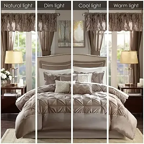 Essentials Room in a Bag Faux Silk Comforter Set - Luxe Diamond Tufting All Season Bedding, Matching Curtains