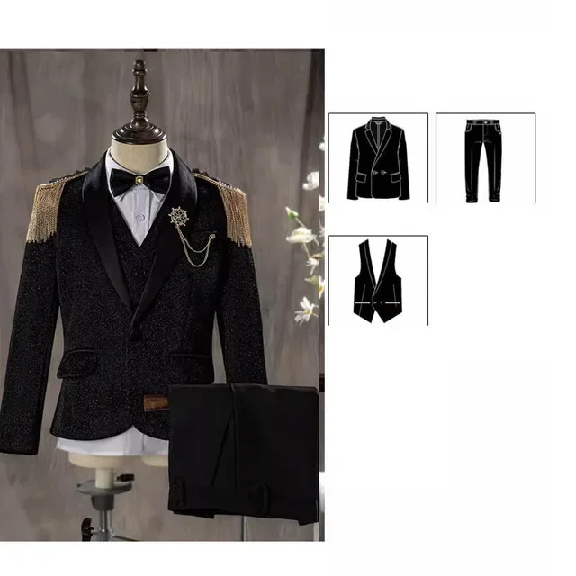 Boys Black Shining Jacket Vest Pants Host Photography Suit Children Luxurious Performance Costume Kids Wedding Tuxedo Dress