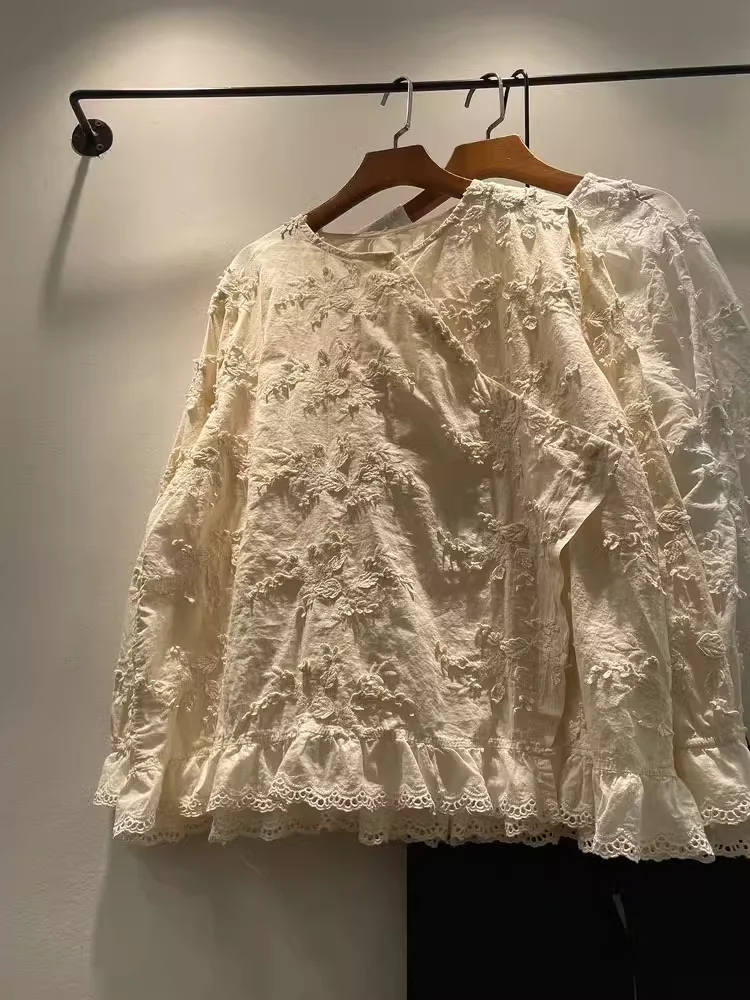 

2025 Elegant blouses women's cotton shirt original design beige white lace embroidery solid shirts blouses chic tops