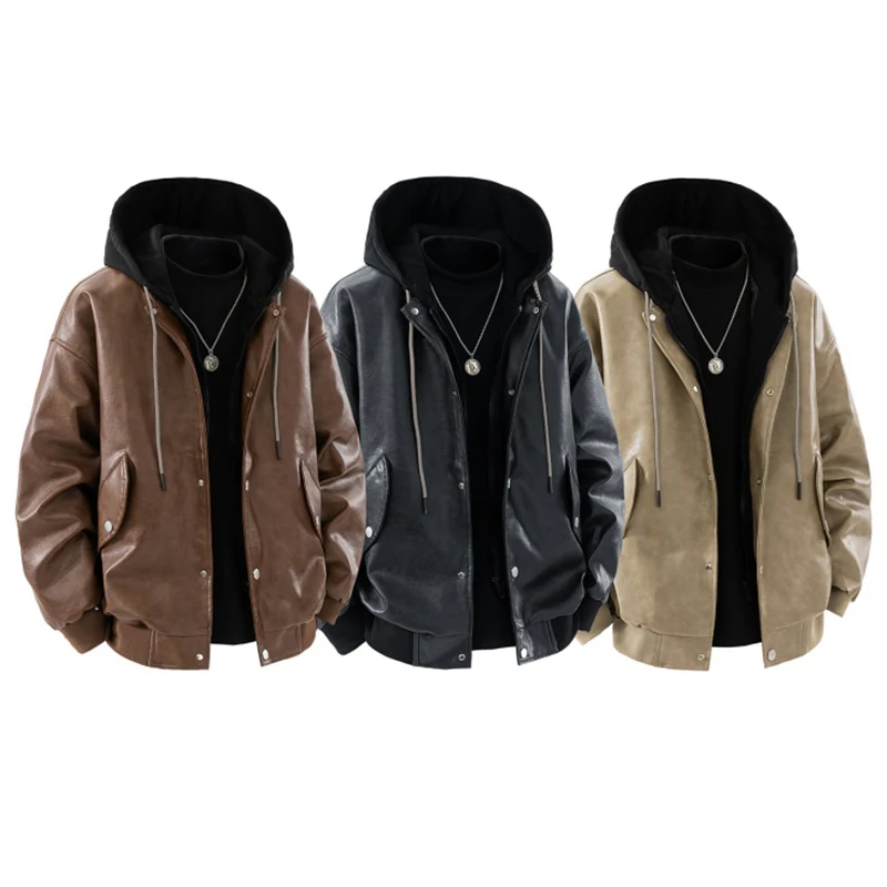 

2025 New Windproof Jacket Men's Fashion Casual Loose Leather Jackets Autumn Two Fake Items Hoodie Coat City Trend Clothes