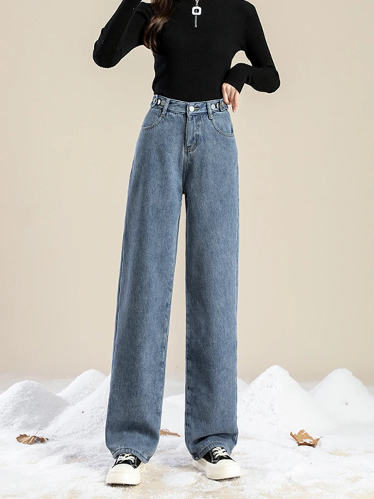 ฤดูใบไม้ผลิ ฤดูร้อน กางเกงยีนส์ขาตรงเอวสูงทรงหลวมสำหรับผู้หญิงไซส์ใหญ่ ผ้าฝ้ายผสมสไตล์เกาหลีลำลอง ช่วยพรางหุ่นให้ดูเพรียว