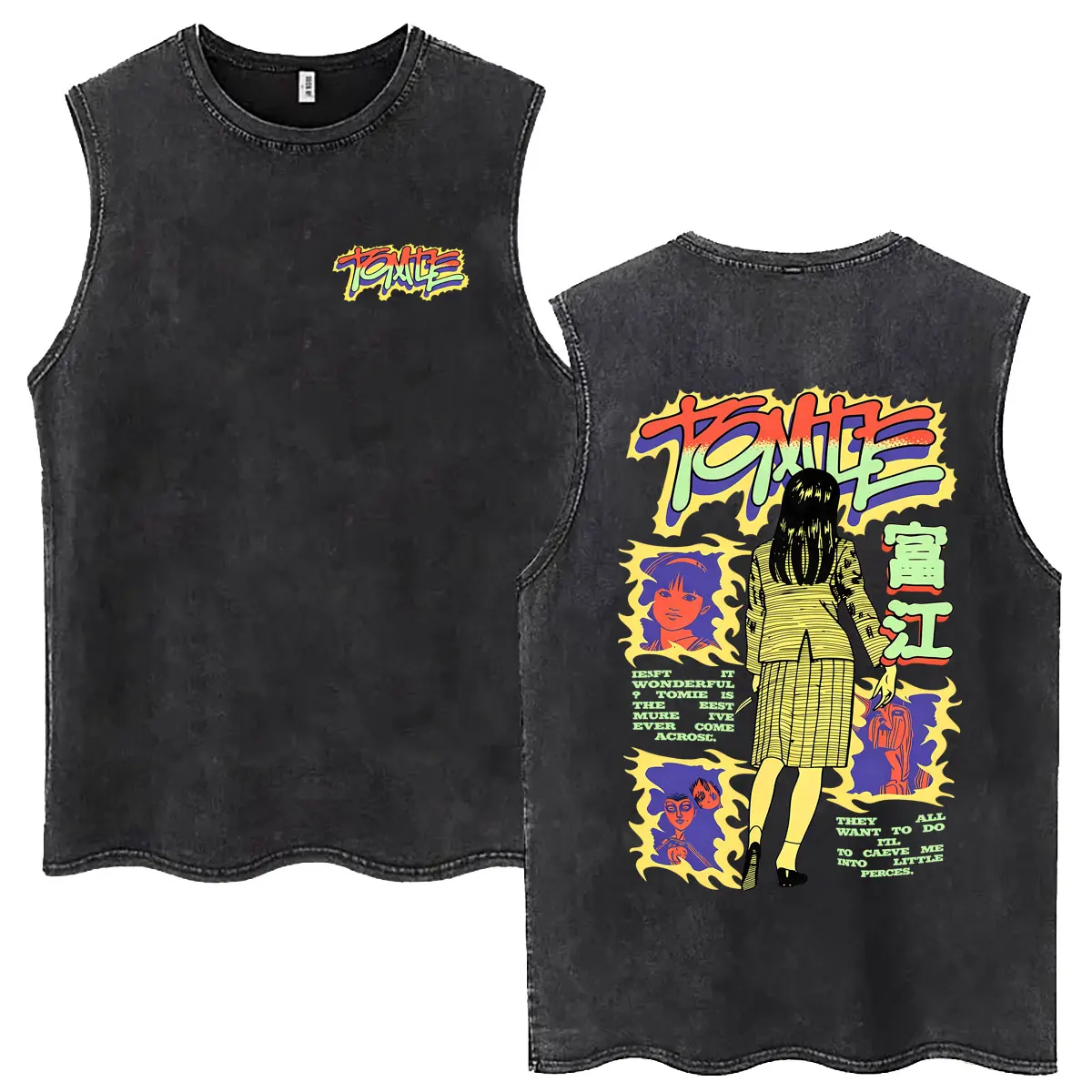 Anime Tomie Junji Ito Vintage Washed Tank Tops Men Women Manga Horror Sleeveless Vest T-shirt Unisex High Quaity Cotton T Shirt