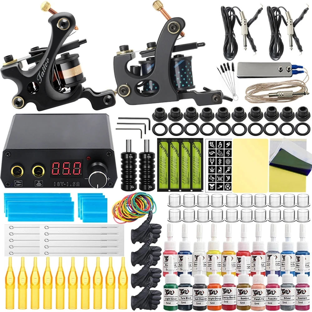 

Complete Tattoo Machine Kit Coil Tattoo Machine Set with Power Supply Foot Pedal Tattoo Needles Ink Grips for Body Art Tools Kit