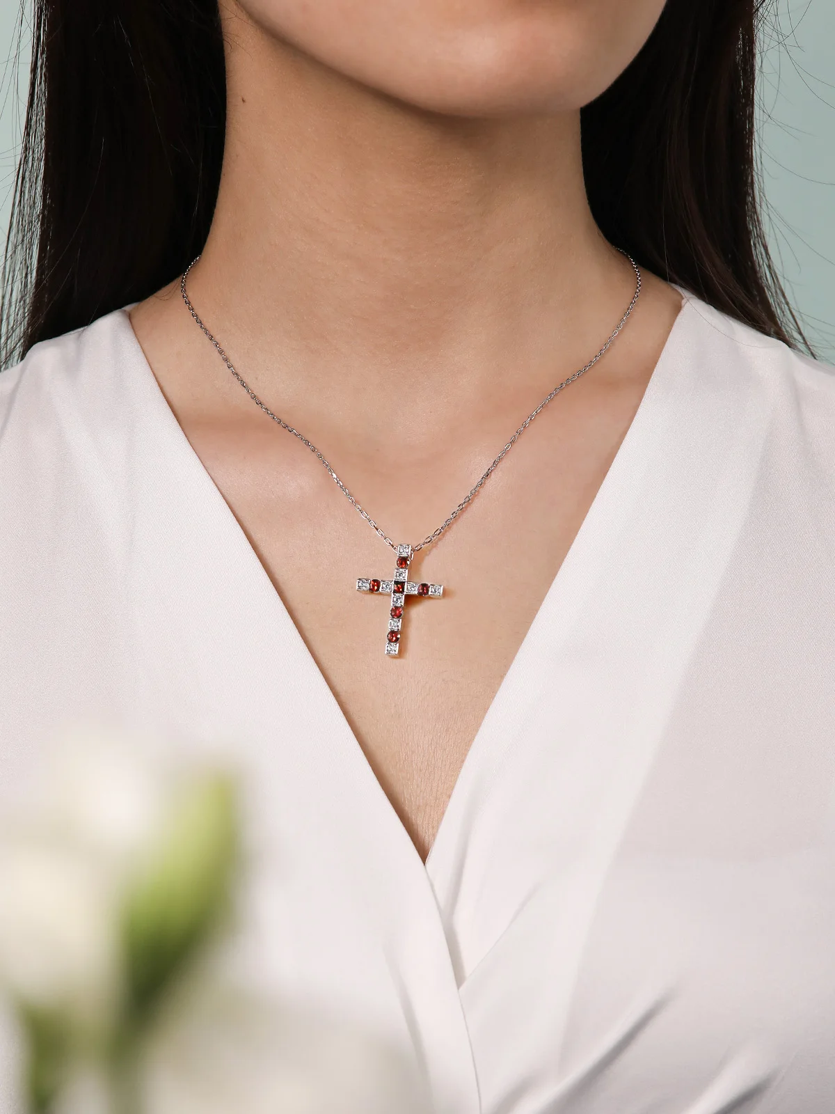 TYYL Moissanite Infinity Cross Necklace 925 Sterling Silver Created Sapphire Cross Pendant Birthstone Jewelry Gift for Women