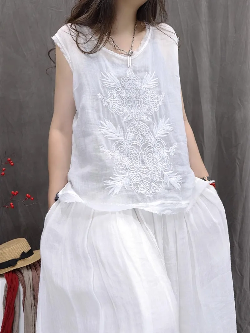 

Высококачественный летний новый круглый женский жилет Ne Pure Color Svel с вышивкой из льна, свободный крой, удобный повседневный жилет