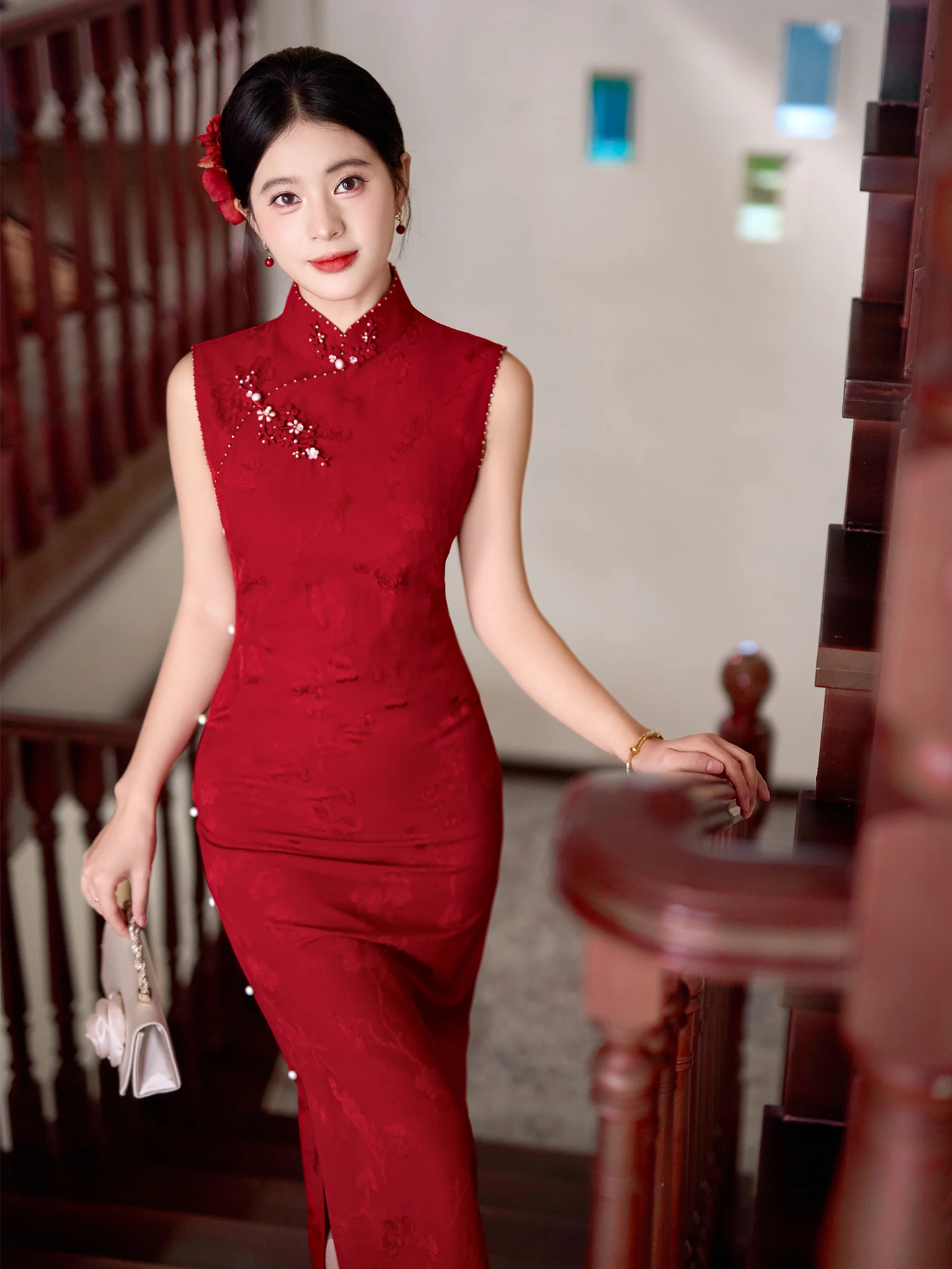 

Красное свадебное платье ручной работы в новом китайском стиле, роскошное вечернее платье для невесты, длинное ципао для церемонии возвращения домой