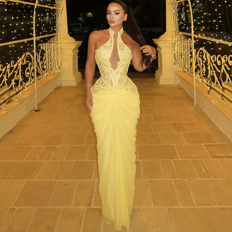 Sumnus-vestidos de noche elegantes de sirena, vestidos de fiesta de gasa con cuello Halter, maxi, de encaje, sin mangas, vestidos de fiesta personalizados para mujer