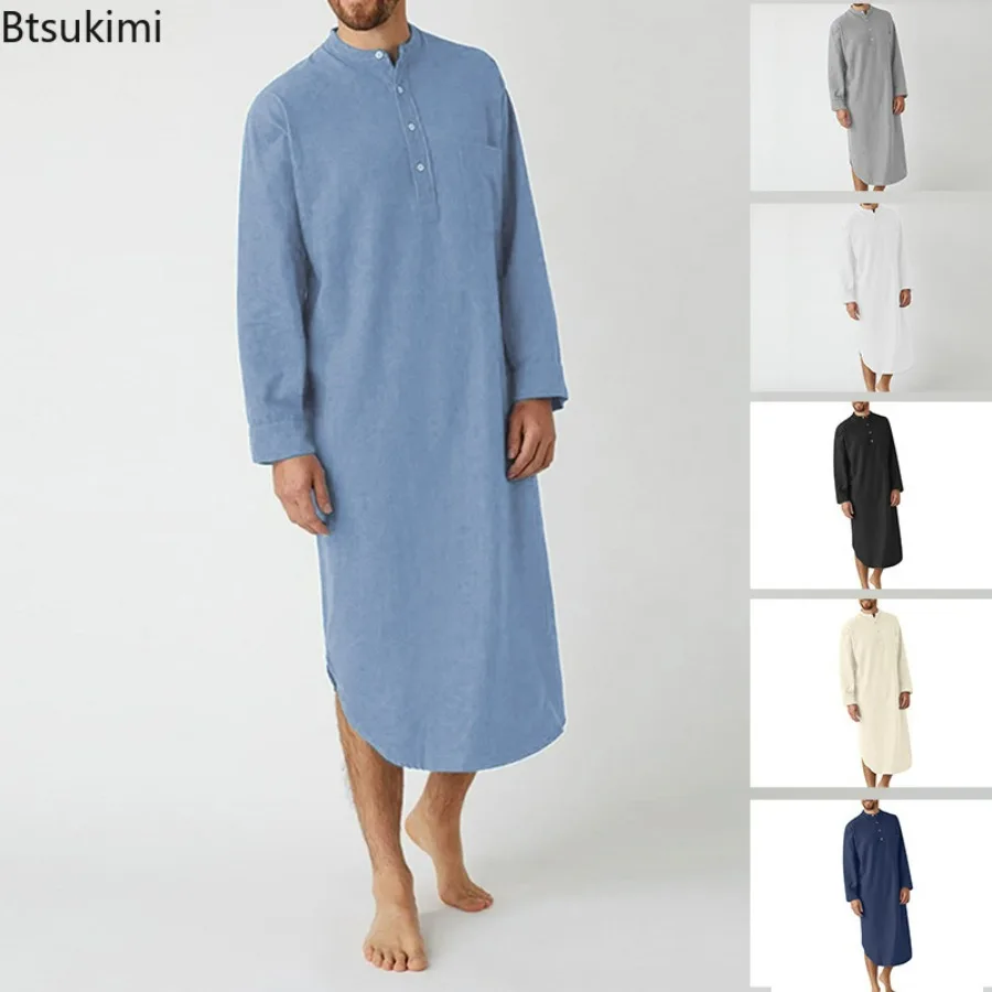 

Muslim Fashion Abayas for Men Sleep Robes Solid Cotton Long Sleeve Comfortable Leisure Nightgown Mens Bathrobes Homewear Robes