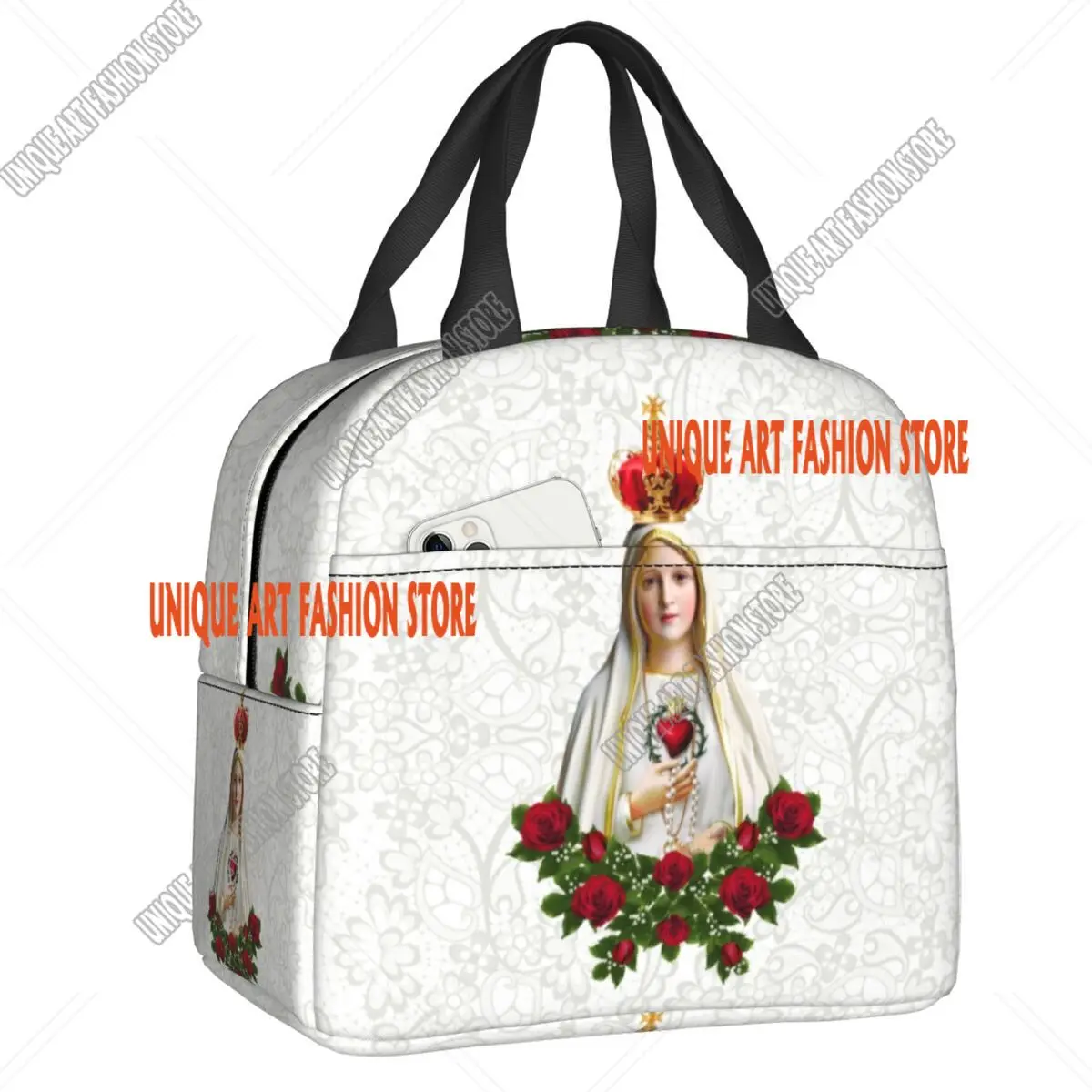 Custom Our Lady Of Fatima Virgin Mary Insulated Lunch Bags Women Portugal Rosary Catholic Portable Thermal Cooler Food Lunch Box