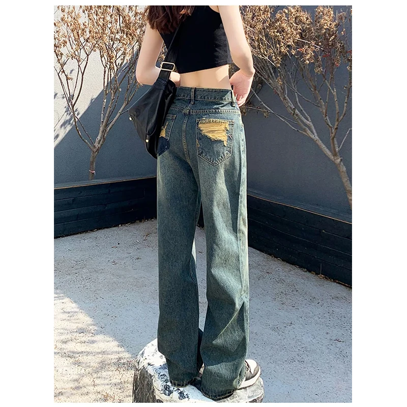 Vintage Straight Female Trousers Casual Straight Jeans High Waist Wide Leg Spring and summer Comfortable Pants Basic Simple Wome