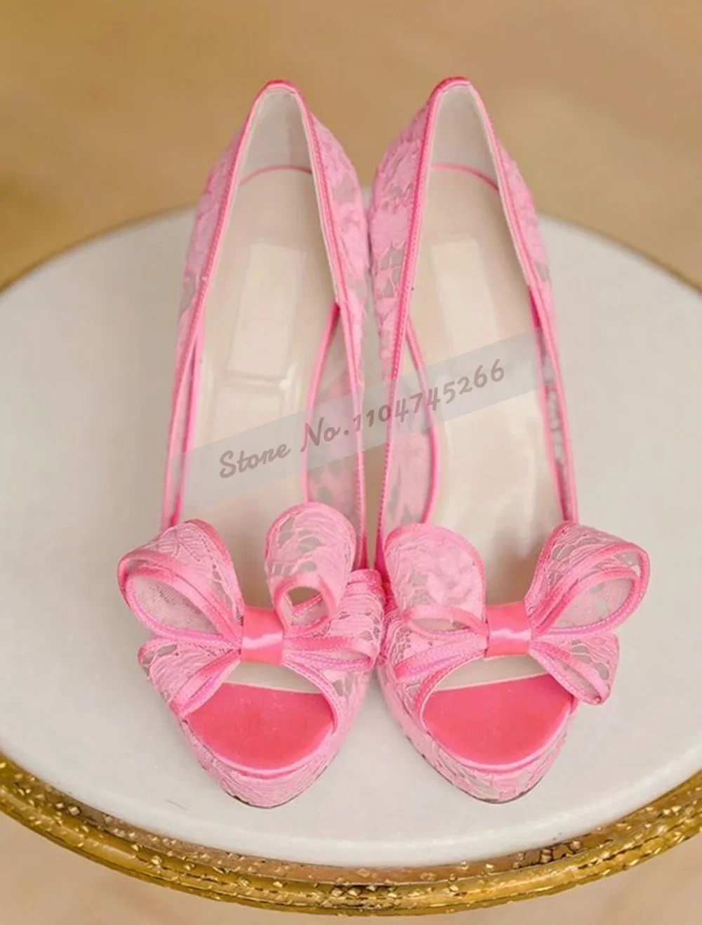 

Fairy Pink Lace Flowers Butterfly-Knot Wedding Shoes Floral Air Mesh Embroideried Banquet Pumps Open Toe Platform Stiletto Heels