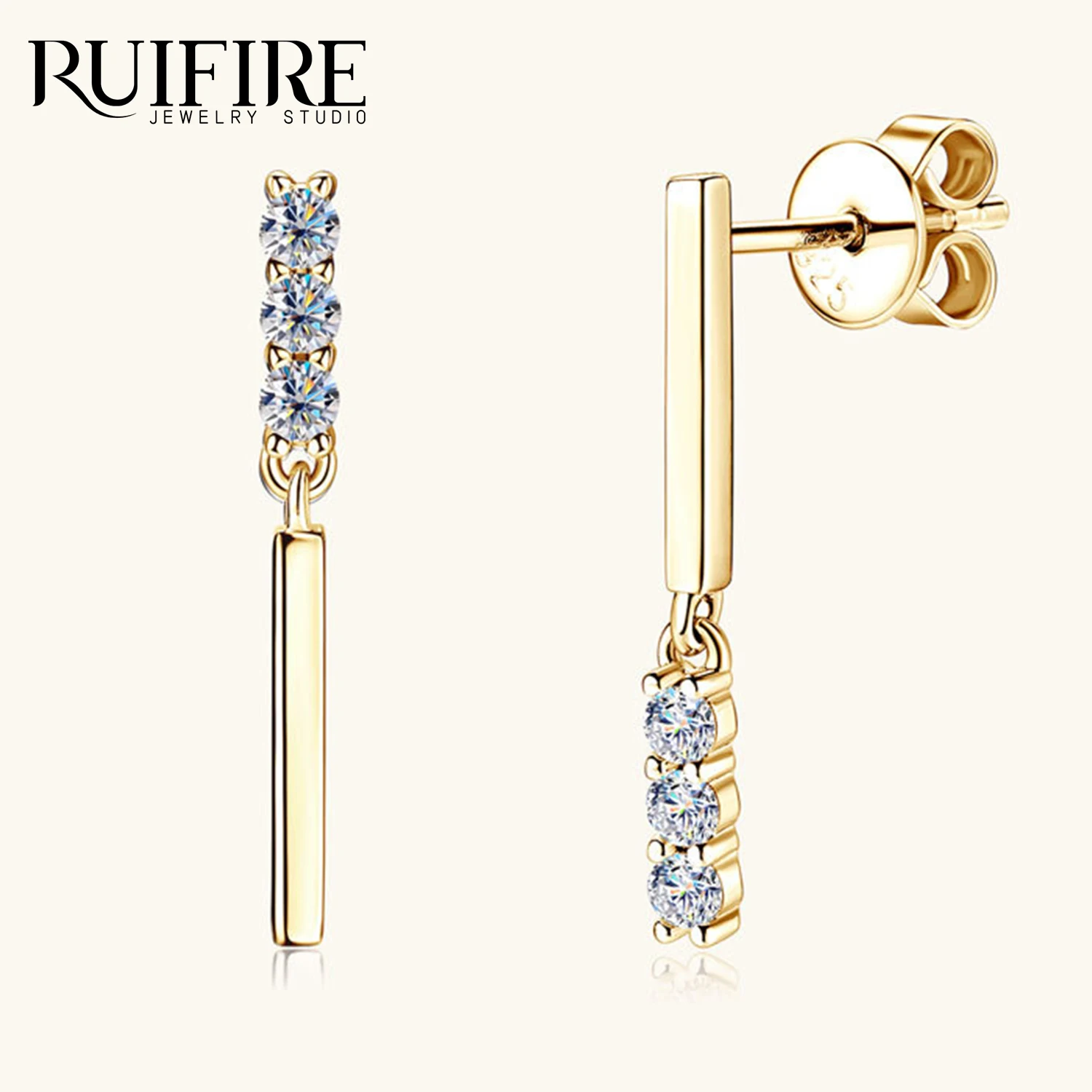 

RUIFIRE 14K Gold Plated S925 Sterling Silver Drop Earrings 3 Round Cut Moissanite Earring Bar Design Dangle Earrings Jewelry