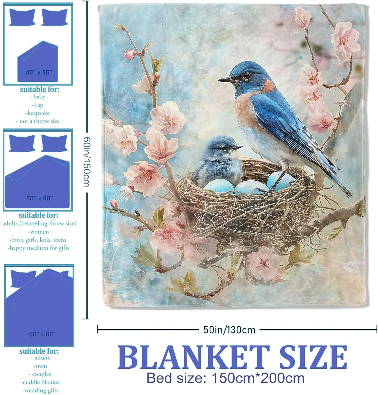 Bluebird Nest Throw Blanket for Women Girls Boys, Soft Flannel Blankets Gifts for Living Room Couch, Home, Sofa Decor, 50
