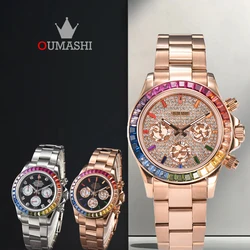 Oumashi 39mm VK63 Movement watches Rainbow Watch Panda Three Eye Quartz Watch Sapphire Stainless Steel Waterproof Timing Code