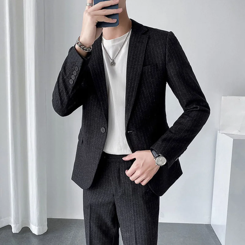 Stripe Men's Casual Suit Set 2022 New Trend Handsome Two-piece Suit Men's British Wedding Dress Slim Fashion 2Y2878