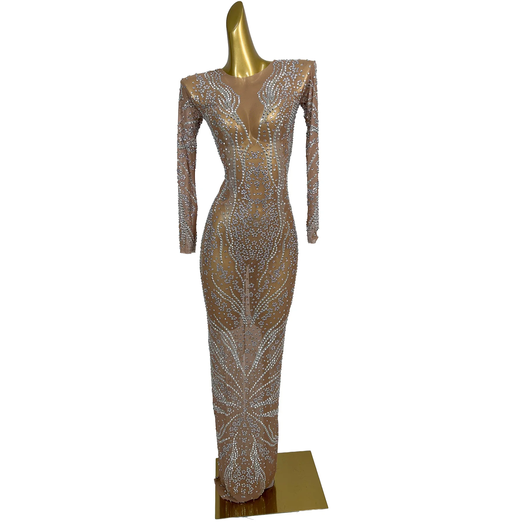 Feihua Sparkly Rhinestone Embellished Nude Mesh Long Sleeve Mermaid Dress Formal Evening Party Gown for Women