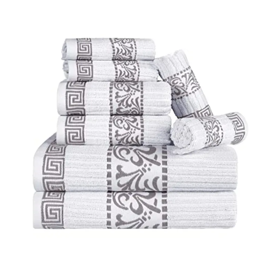 

8-Piece Cotton Towel Set for Bathroom and Spa: White and Navy Greek Pattern, Highly Absorbent, Includes 2 Hand, 2 Face, 4 Bath