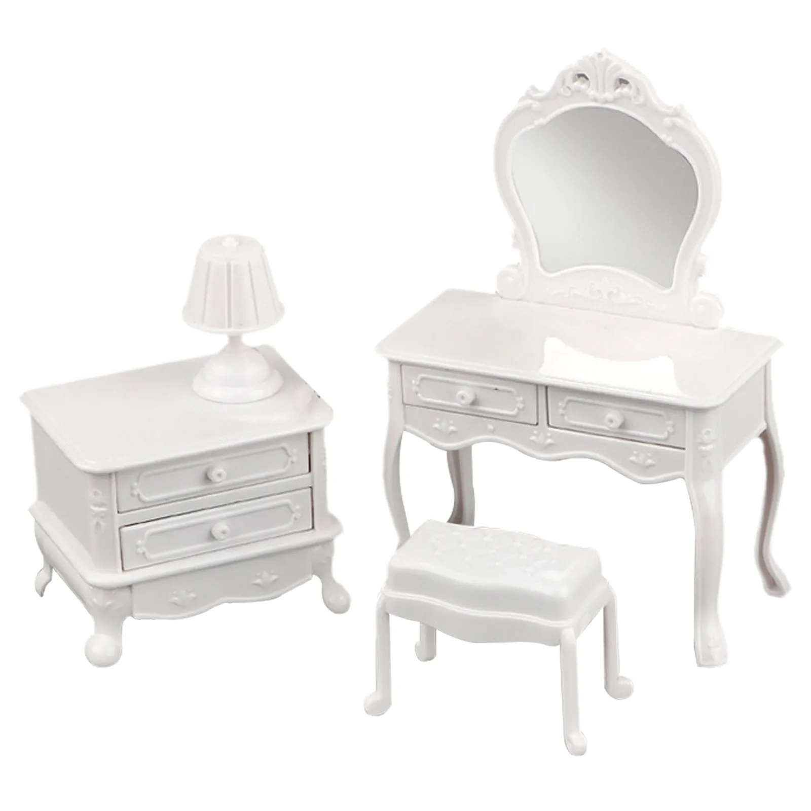 4Pcs Miniature Furniture Set Mini Dressing Table Stool Mirror Bedside Tables Enhance Dollhouse Bedroom Decor Mini Dressing Table