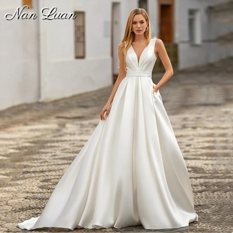 Classic A Line Satin Bridal Gown Deep V Neck Sleeveless Simple Wedding Dress Vestidos De Novia Customized