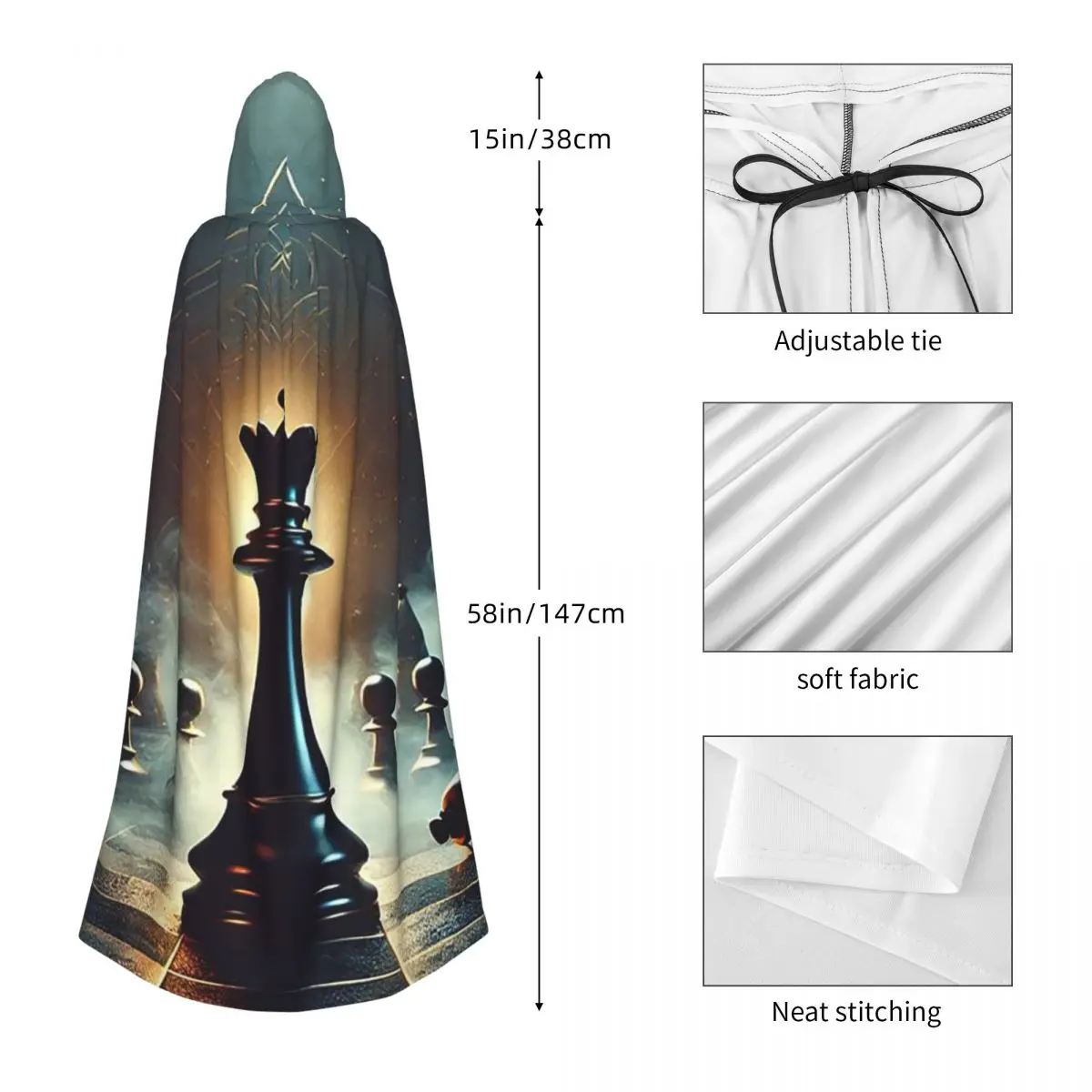 블랙 킹 체스 체스판 긴 후드 망토 마녀 중세 의상 코스프레 케이프 할로윈 파티 성인 유니섹스