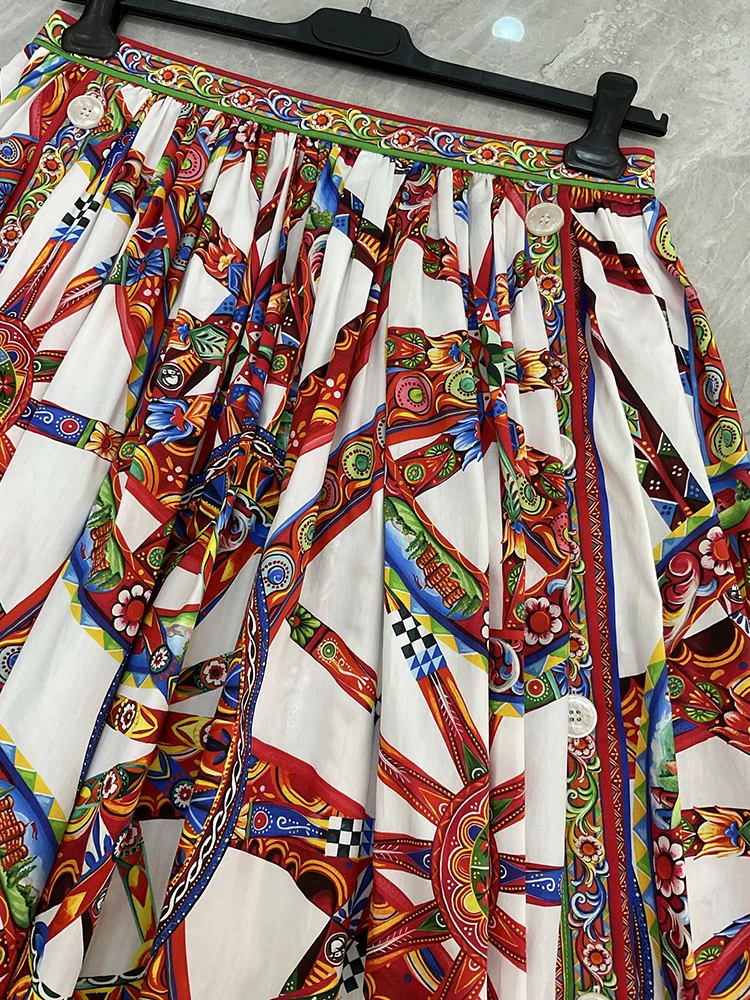 Seifrmann Casual printed cotton skirt slit on both sides button long skirt 2026 autumn fashion women's new style