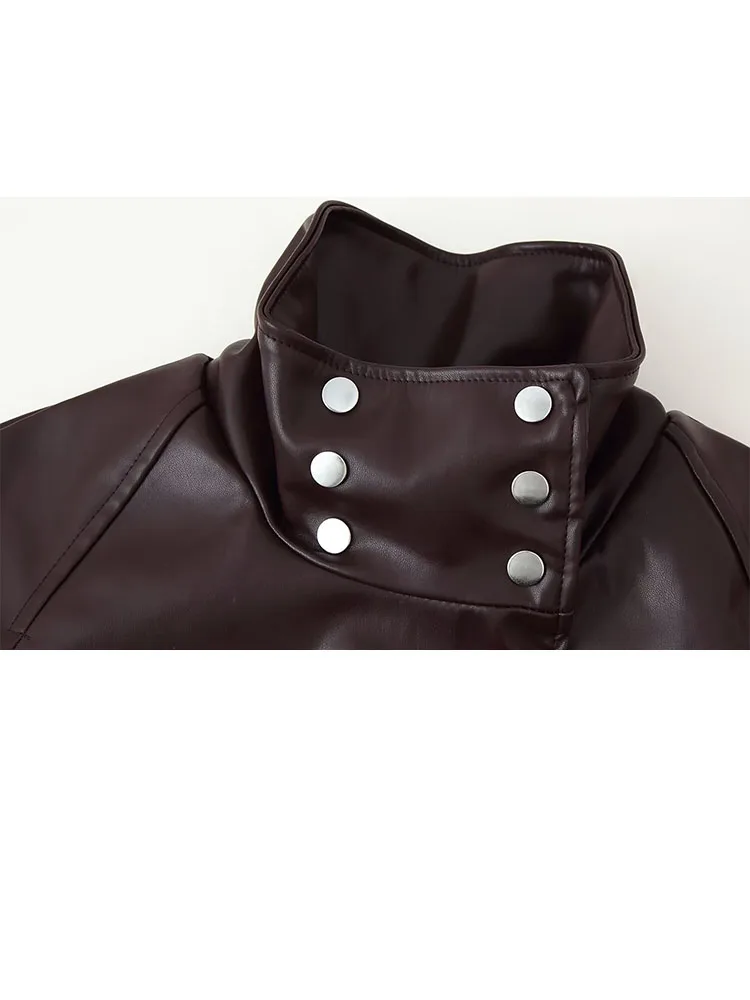 HH جديد أزياء المرأة مزدوجة الصدر الوقوف طوق طويلة الأكمام جيب الديكور سترة جلدية الإناث سليم صالح الترفيه معطف #1