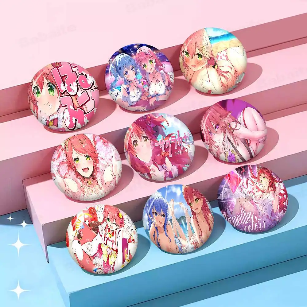 Hololive Sakura M-miko Soft Button Pin Round Metal Badge Lapel Pin Parts Gift Friends Kid Jewelry