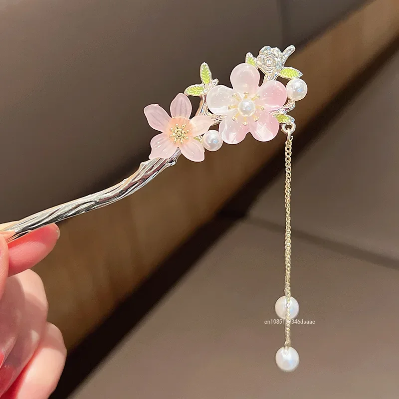 New Vintage Chinese Women's Hair Stick Metal Glaze Flowers Hair Chopsticks Ladies Imitation Pearl Jewelry Hair Accessories