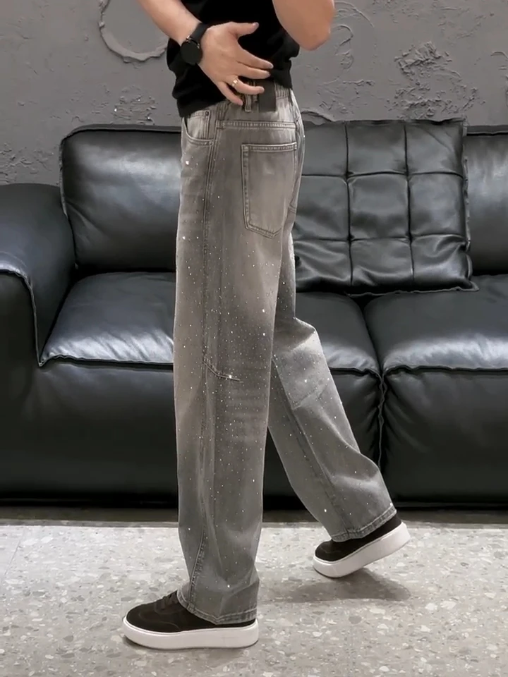 

Men's Retro Heavy Du Rhinestone Design Wide Leg Jeans Spring Autumn Versatile Faionable High End Feelings Casual Straight...