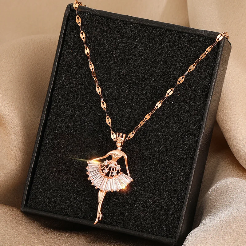 Sweet Ballerina Girl Crystal Zircon Pendant Necklaces for Women Elegant Fashion Ladies Sexy Stainless Steel Jewelry Gift