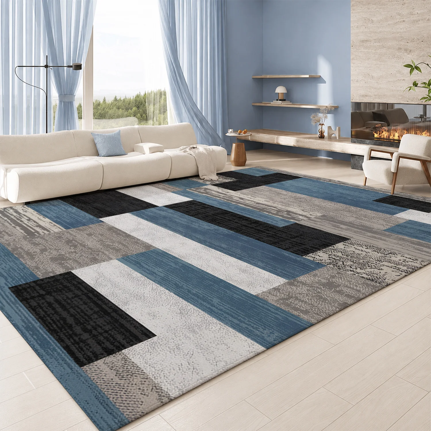 Large Indoor Area Rug Soft Velvet Low Pile with Non-Slip Dotted Backing, Machine Washable Modern Geometric Blue Gray Black Rug for Living Room Bedroom