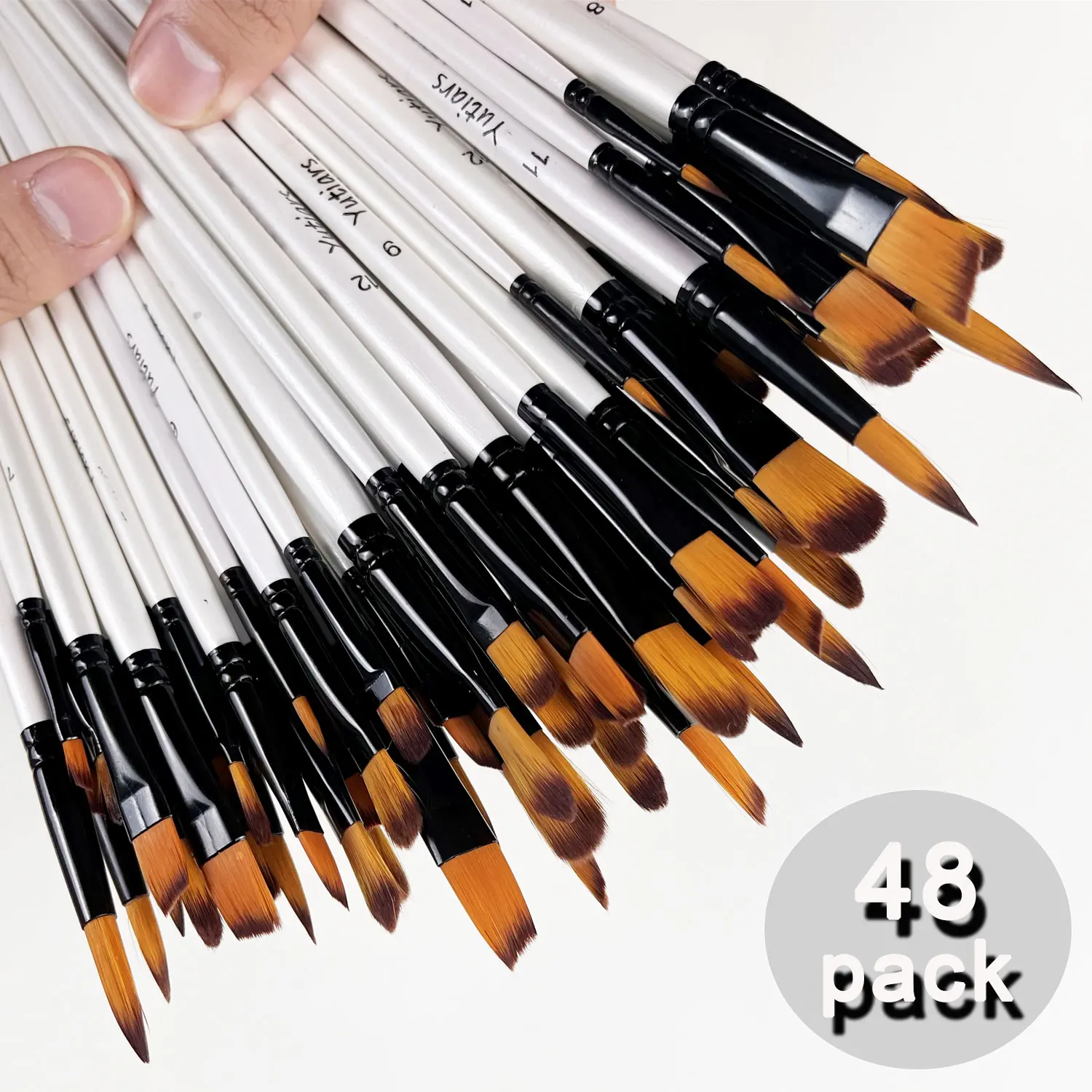 48pcs Paintbrushes Featuring Premium Wooden Handles And Nylon Bristles, Including Round, Filbert, Flat, And Angled Brushes