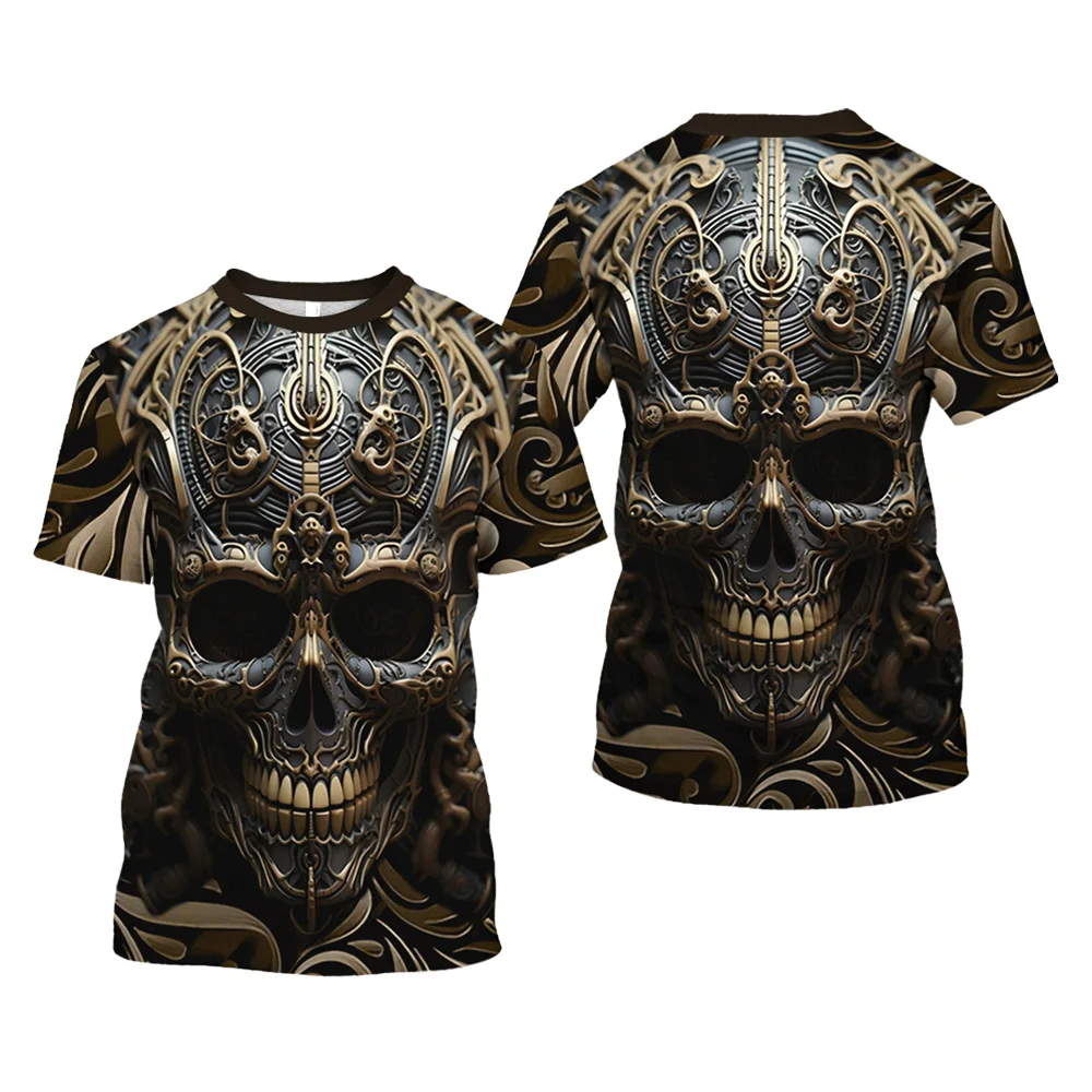 

3D All Body Printed Men's Skull T-shirt Short-sleeved Crew Neck Vintage Machinery Top Skeleton Punk Print Elastic Soft Shirt