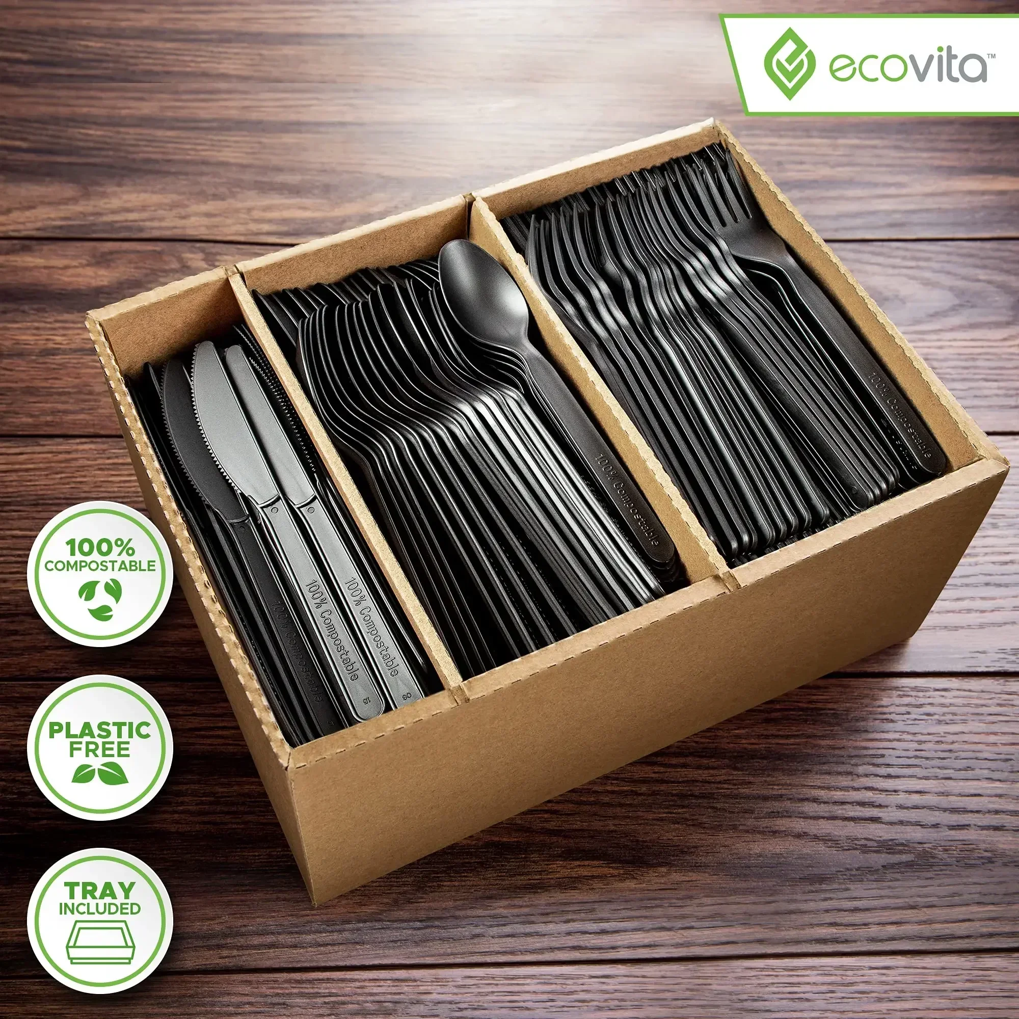 

100% Compostable Forks Spoons Knives Cutlery Combo Set - 380 Large Disposable Utensils (7 in.) Eco Friendly Durable and Heat Res