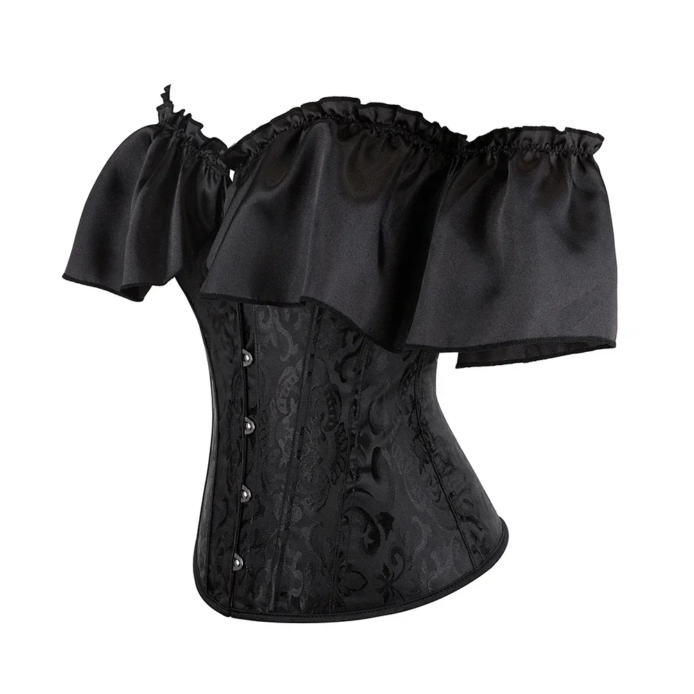 Women Sexy Puff Ruffle Sleeve Overbust Corset Steel Bone Off Shoulder Jacquard Waist Bustier Top Black